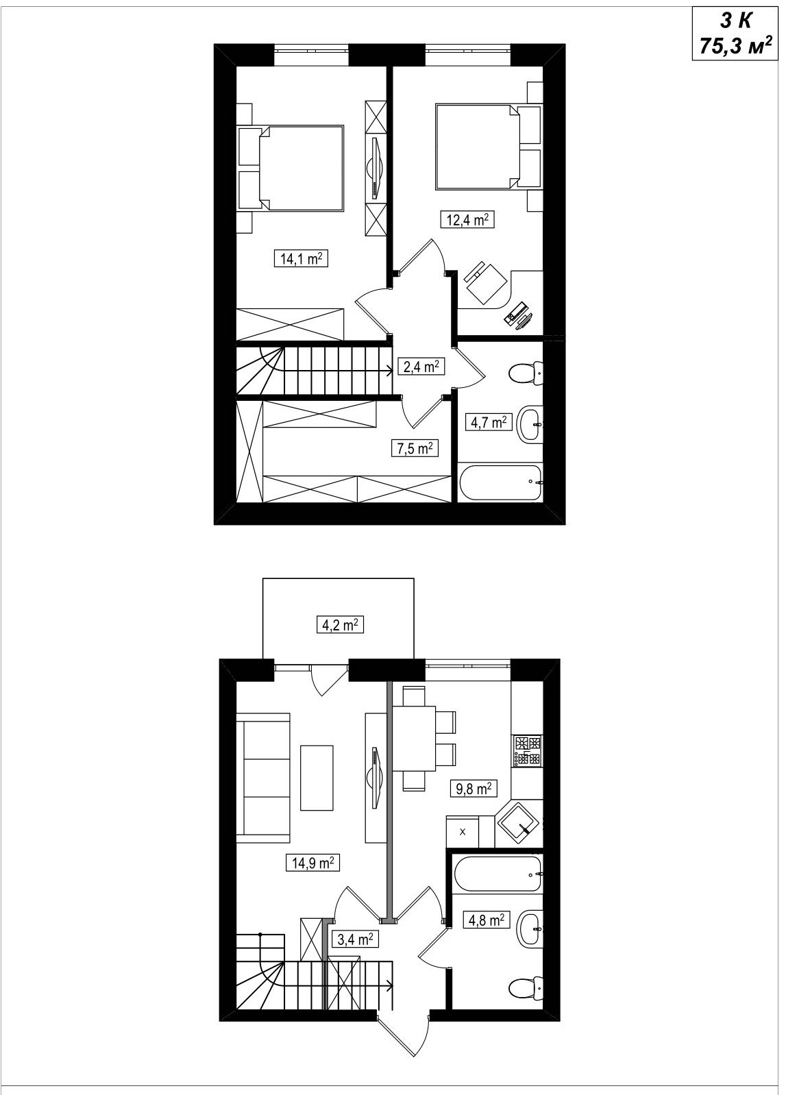 3-кімнатна квартира, 75.3 кв.м