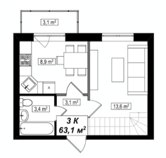 3-кімнатна квартира, 63.10 кв.м