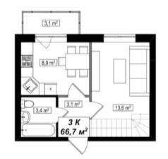 3-кімнатна квартира, 66.70 кв.м